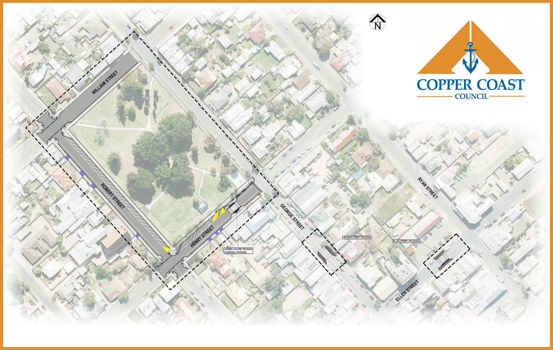 Map of Moonta showing the new street alignment around Queen Square.