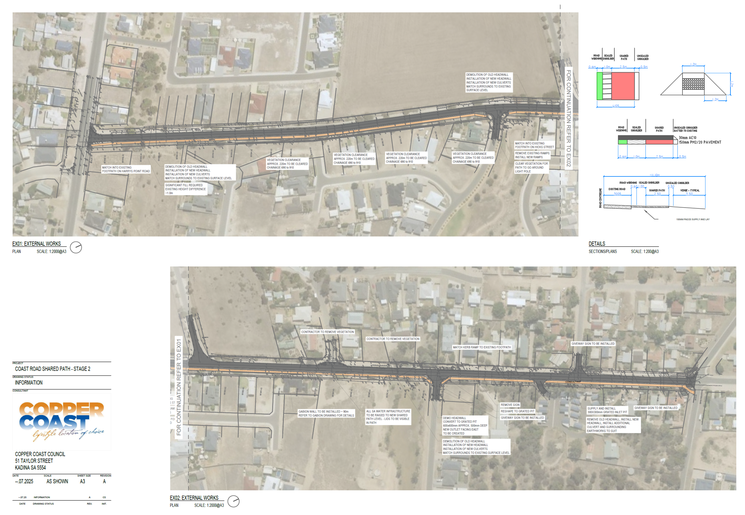 Plans of the Coast Road Shared Path detailing levels and the pathway